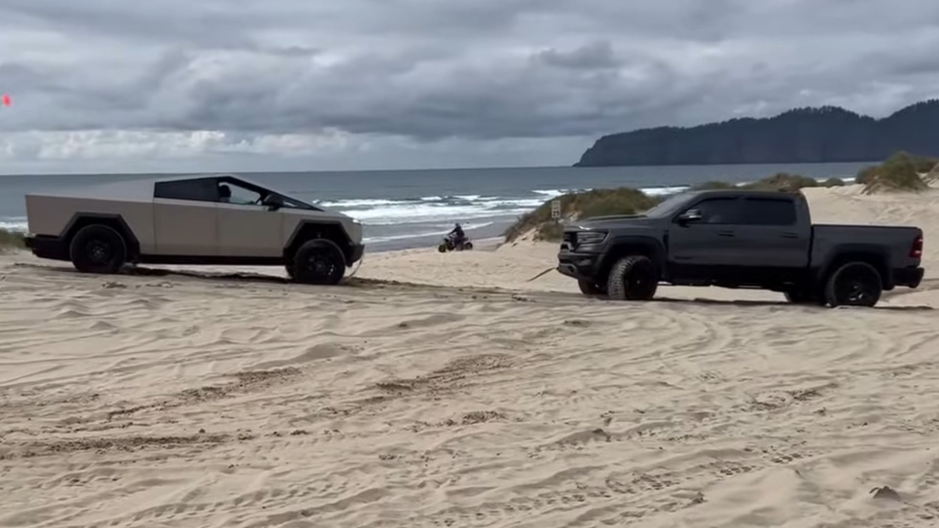 Ram TRX Rescues Cybertruck From Some Sand