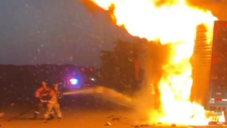 Well Done Semi Truck Carrying Ribeye Steaks Burns