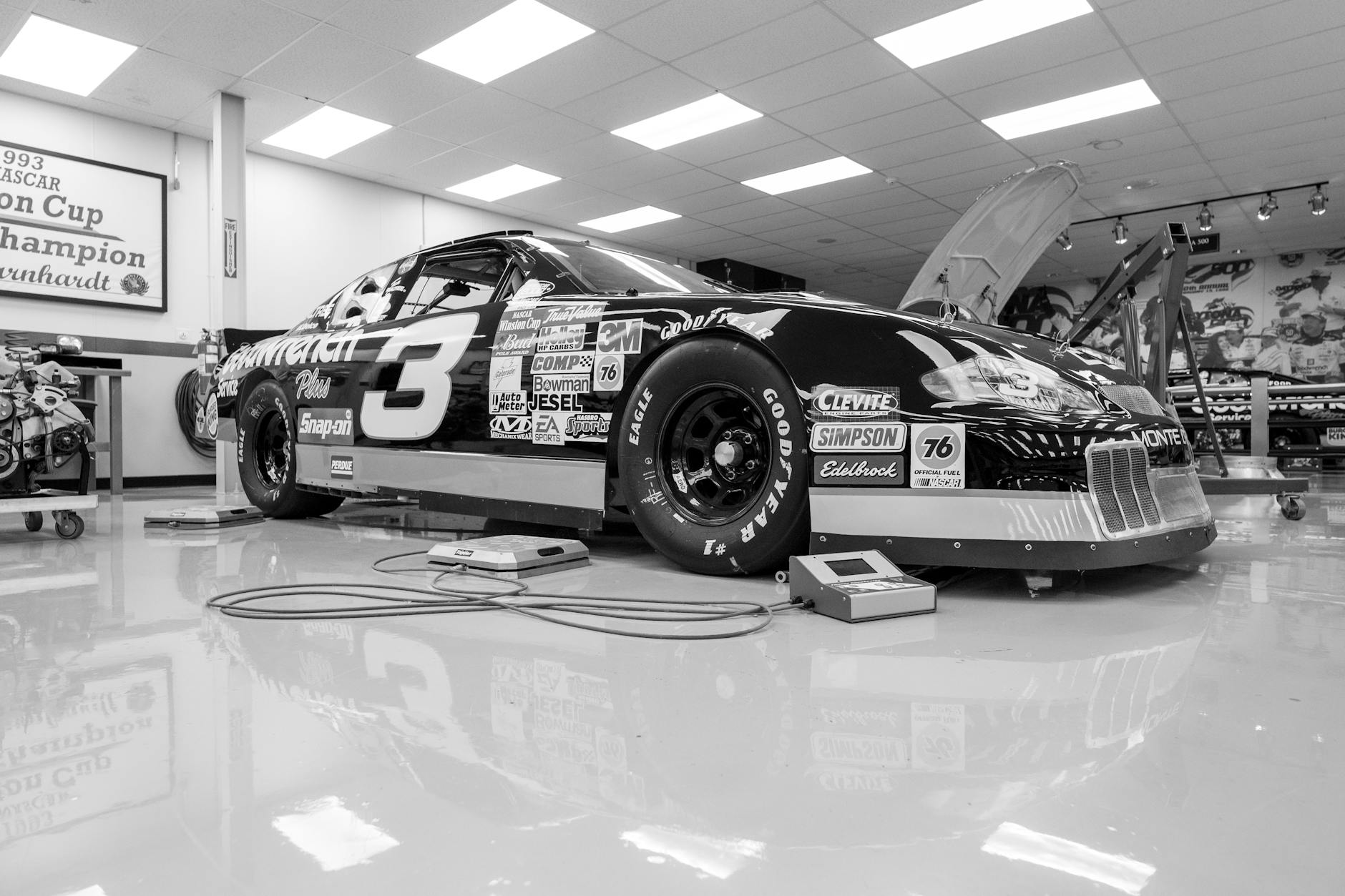 classic nascar race car in workshop setting