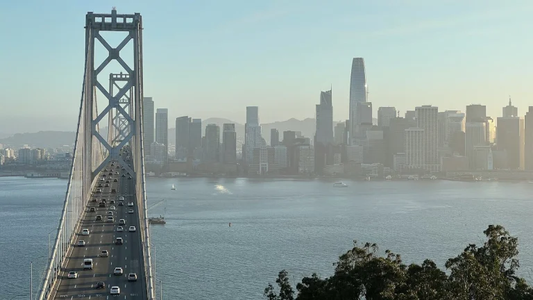 a bridge over water with a city in the background