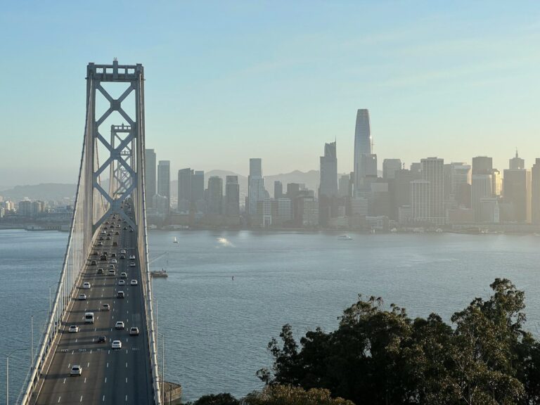 a bridge over water with a city in the background