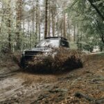black car on dirt road in between trees during daytime