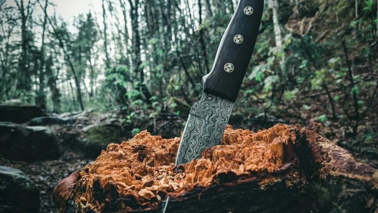 black handled knife on brown log