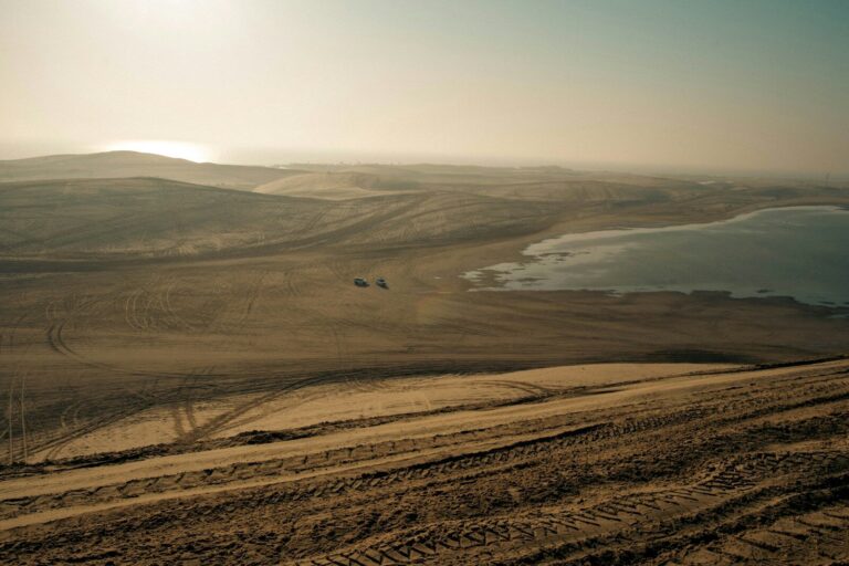 Vast desert landscape with a body of water
