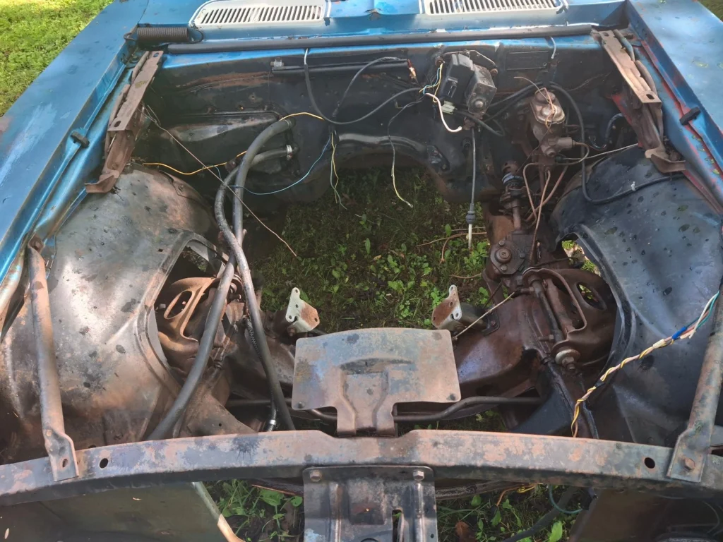 Empty engine bay of the 1968 Chevrolet Camaro restomod project car, from eBay listing by seller tkk0522