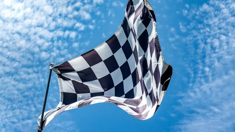 a black and white checkered flag flying in the sky