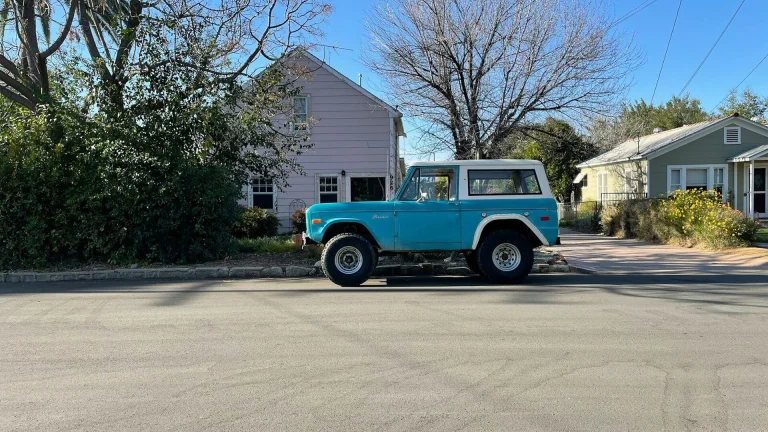 blue and white single cab truck parked near bare trees during daytime