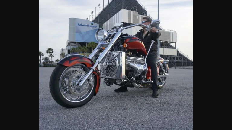 Boss Hoss Cruiser Bike with V8 engine parked outside a racetrack