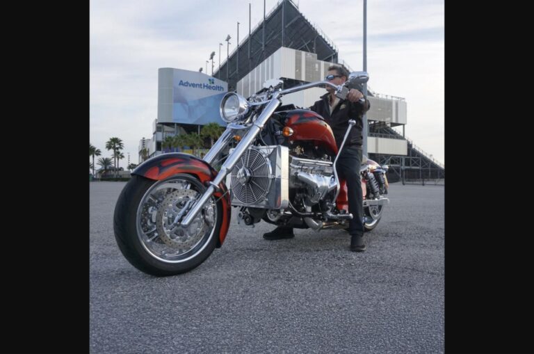 Boss Hoss Cruiser Bike with V8 engine parked outside a racetrack