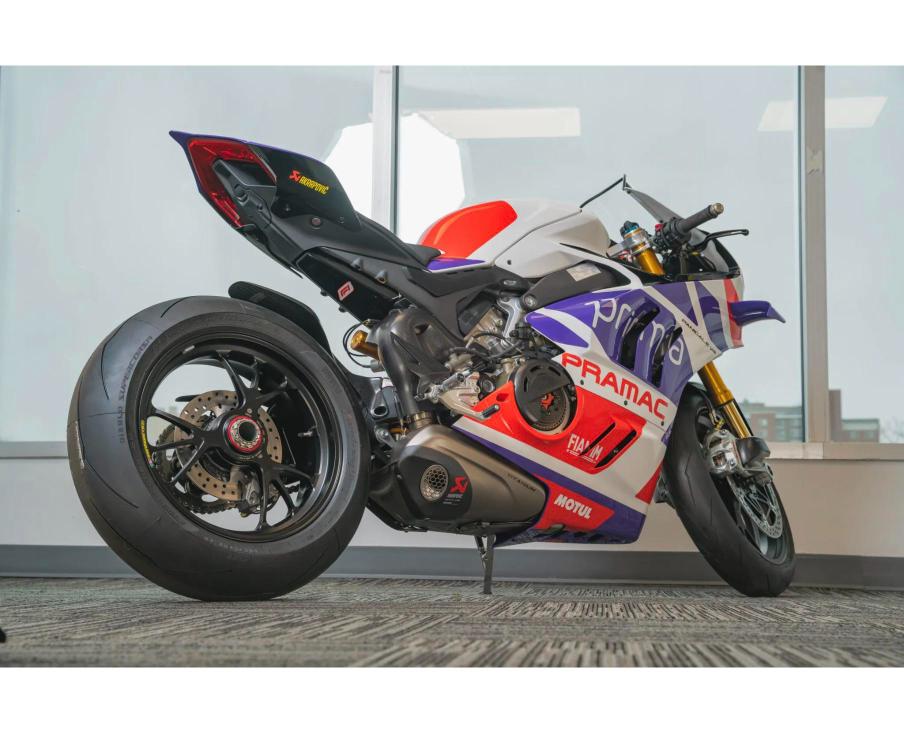 Rear three-quarter view of the Ducati Panigale V4 Martín racing replica