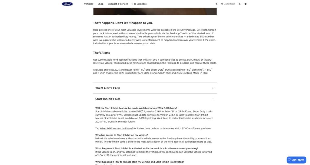 Screenshot of Ford's official Start Inhibit FAQ page explaining how the remote engine disable feature works