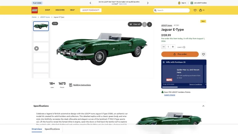 LEGO Icons Jaguar E-Type set 11381 in British Racing Green, shown on official LEGO product page
