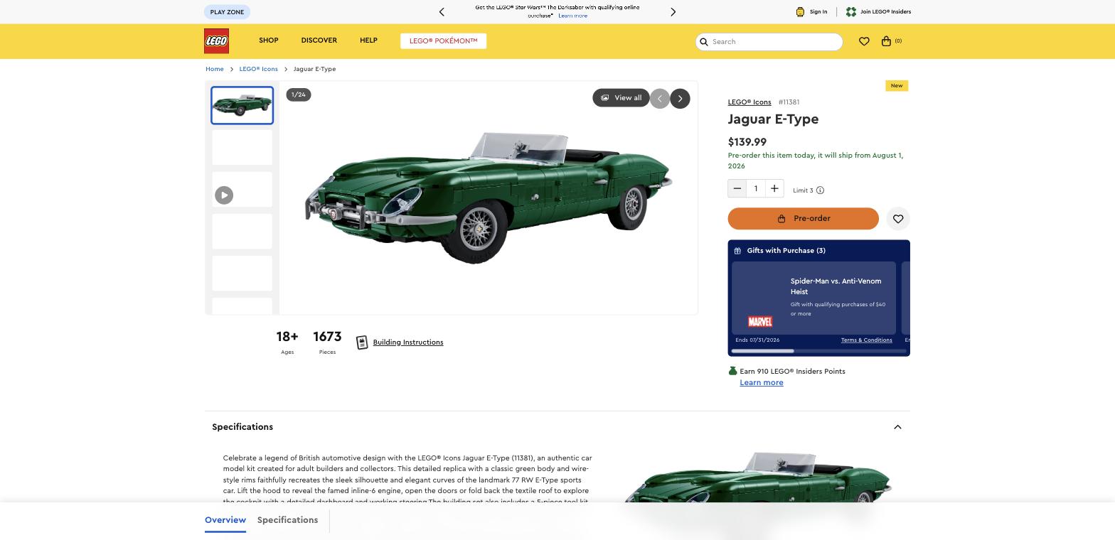 LEGO Icons Jaguar E-Type set 11381 in British Racing Green, shown on official LEGO product page