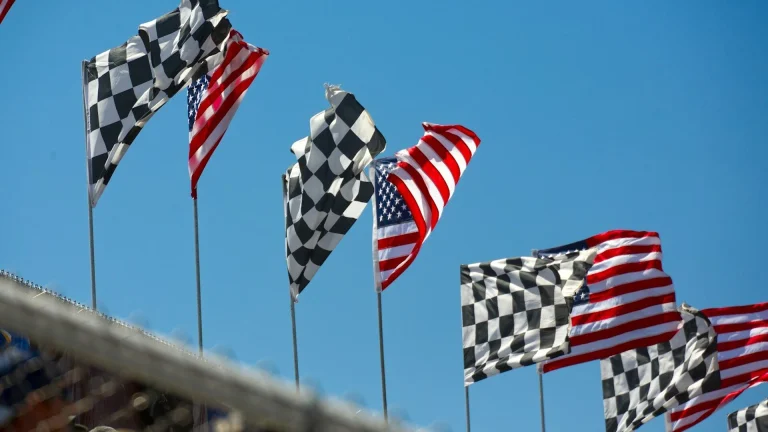 a row of checkered flags blowing in the wind