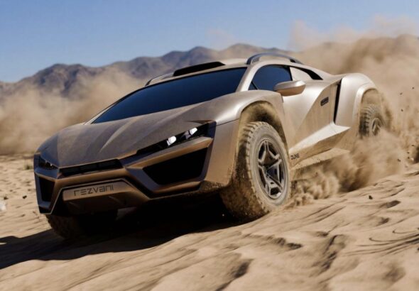 Rezvani Dune off-road supercar kicking up sand in the desert
