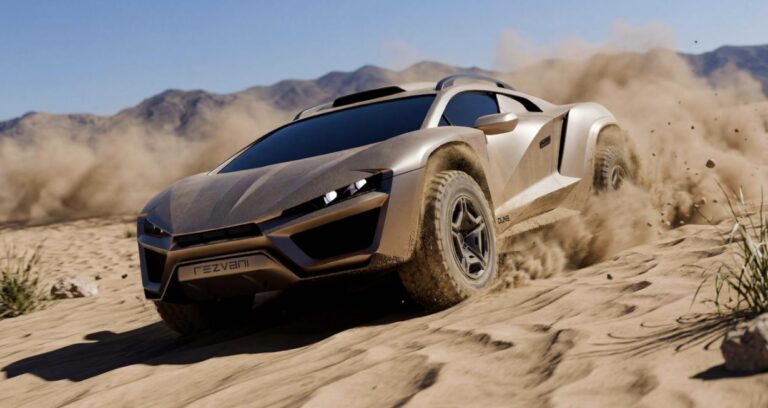Rezvani Dune off-road supercar kicking up sand in the desert