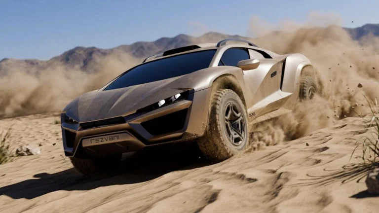 Rezvani Dune off-road supercar kicking up sand in the desert