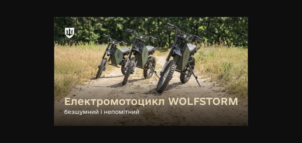 WOLFSTORM electric military motorcycles parked on a dirt trail in Ukraine