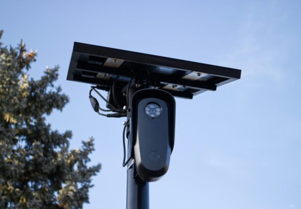 A solar-powered security camera with a clear view.