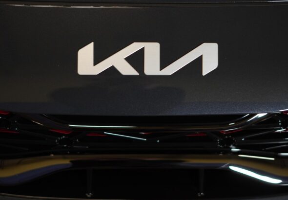 a close up of the front grill of a car