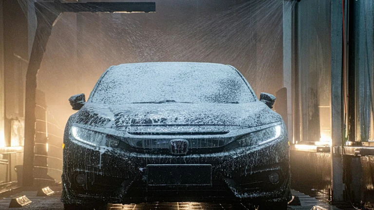 a car is covered in snow in a garage