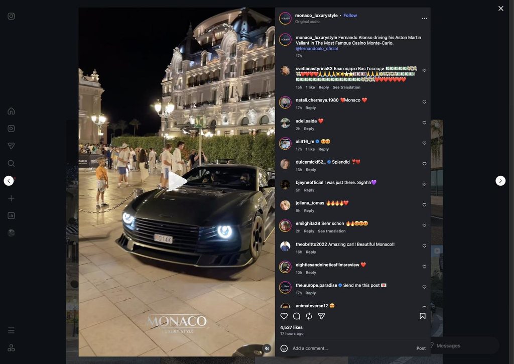 Screenshot of Instagram video showing Fernando Alonso driving his Aston Martin Valiant through Casino Square in Monaco