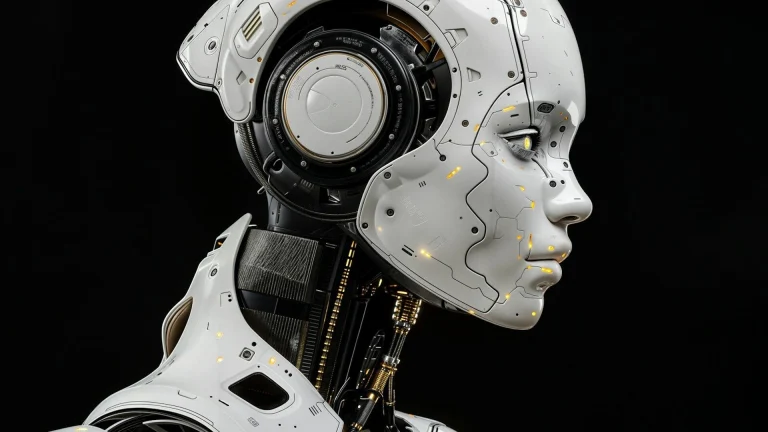 A white robot is standing in front of a black background