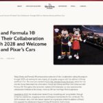 Mickey and Minnie Mouse pose beside the Disney x Formula 1 show car at D23, promoting the Disney and Pixar's Cars collaboration