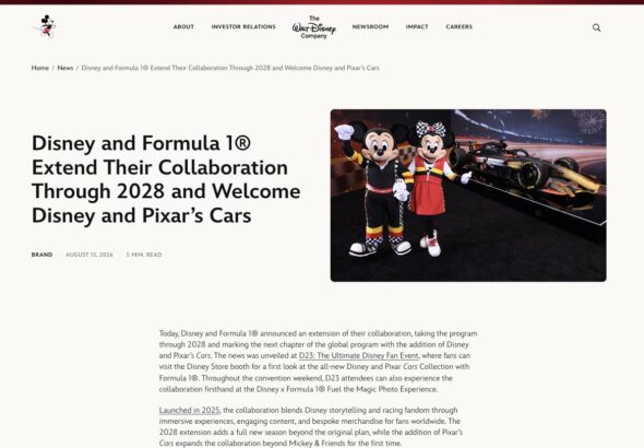 Mickey and Minnie Mouse pose beside the Disney x Formula 1 show car at D23, promoting the Disney and Pixar's Cars collaboration