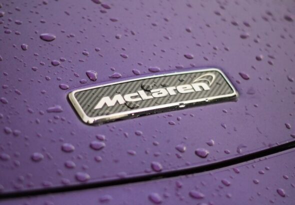 a close up of the emblem on a purple car
