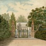 Ornate gates lead to a grand building surrounded by trees.