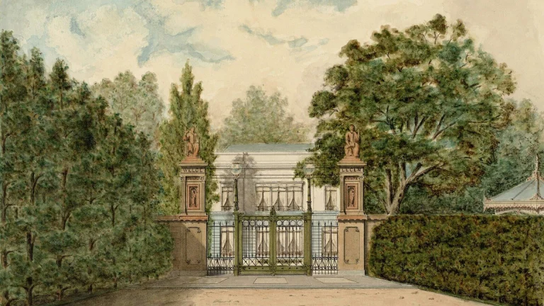 Ornate gates lead to a grand building surrounded by trees.