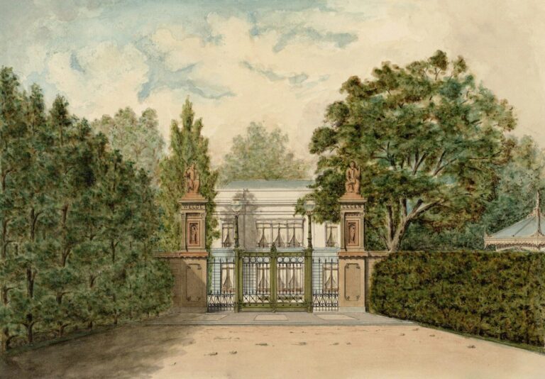 Ornate gates lead to a grand building surrounded by trees.