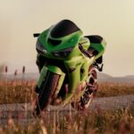 A bright green sport motorcycle parked on a road.