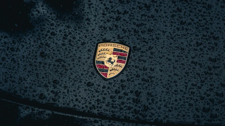 a close up of a car's emblem on a wet surface