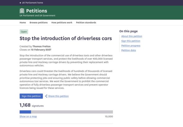 Screenshot of the "Stop the introduction of driverless cars" petition on the UK Parliament petitions site
