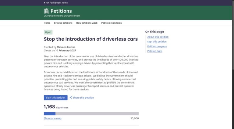 Screenshot of the "Stop the introduction of driverless cars" petition on the UK Parliament petitions site