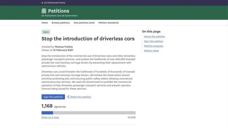 Screenshot of the "Stop the introduction of driverless cars" petition on the UK Parliament petitions site