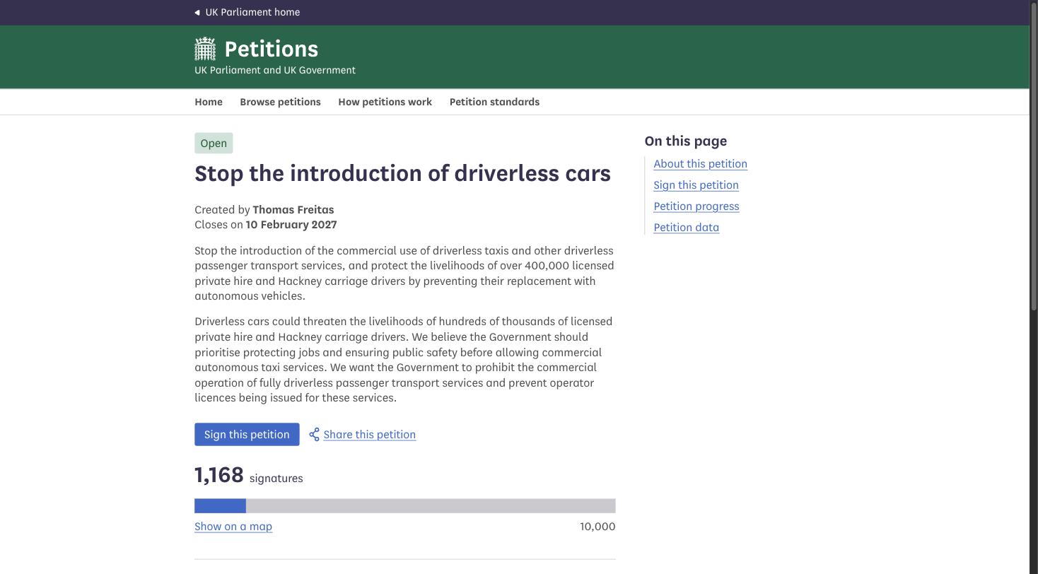 Screenshot of the "Stop the introduction of driverless cars" petition on the UK Parliament petitions site