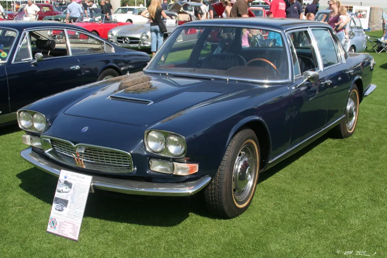 Dark blue 1967 Maserati Quattroporte Series II, the sedan behind the Maserati Quattroporte fire truck conversion