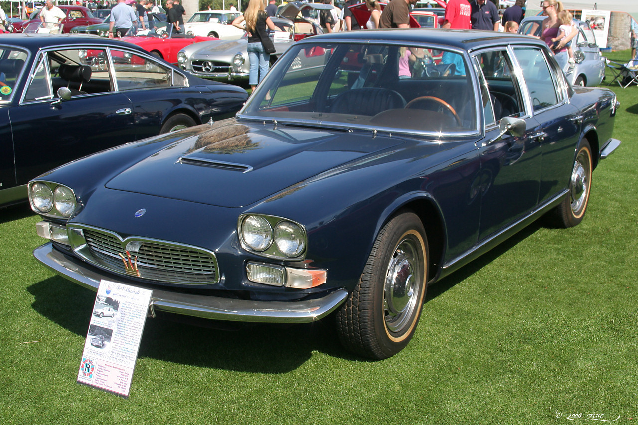 Dark blue 1967 Maserati Quattroporte Series II, the sedan behind the Maserati Quattroporte fire truck conversion