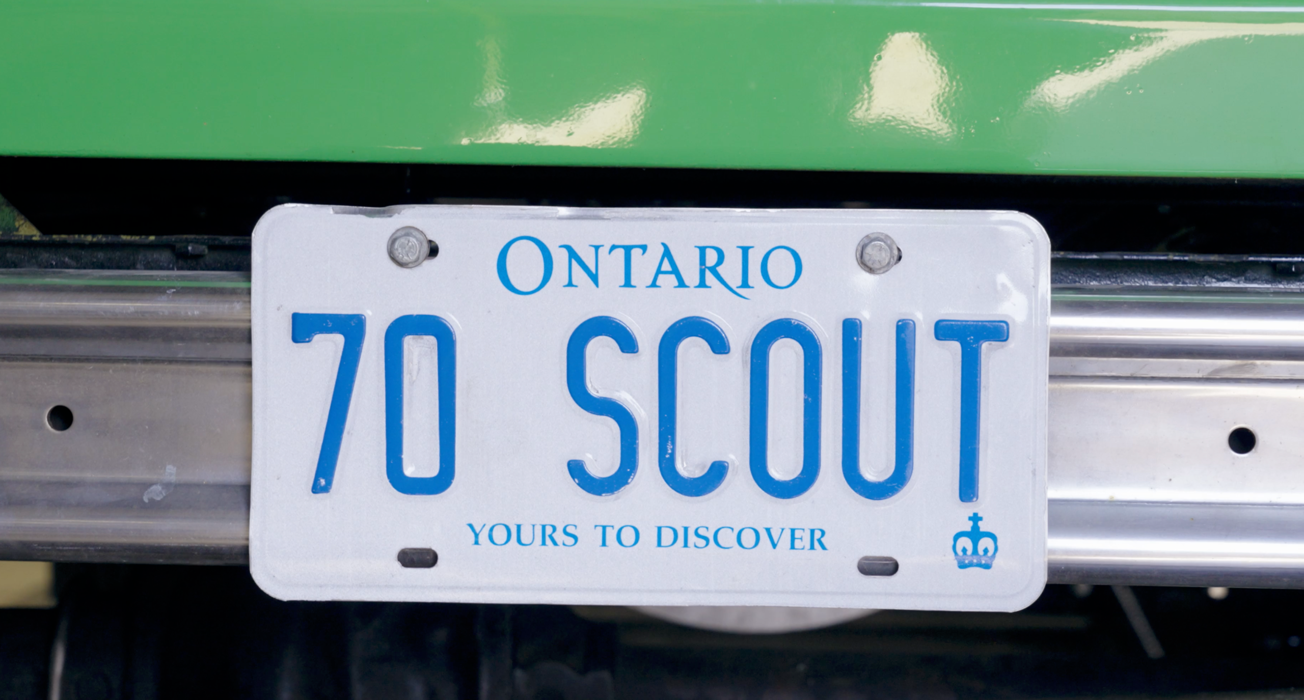 Ontario license plate reading 70 SCOUT on the electric International Harvester Scout