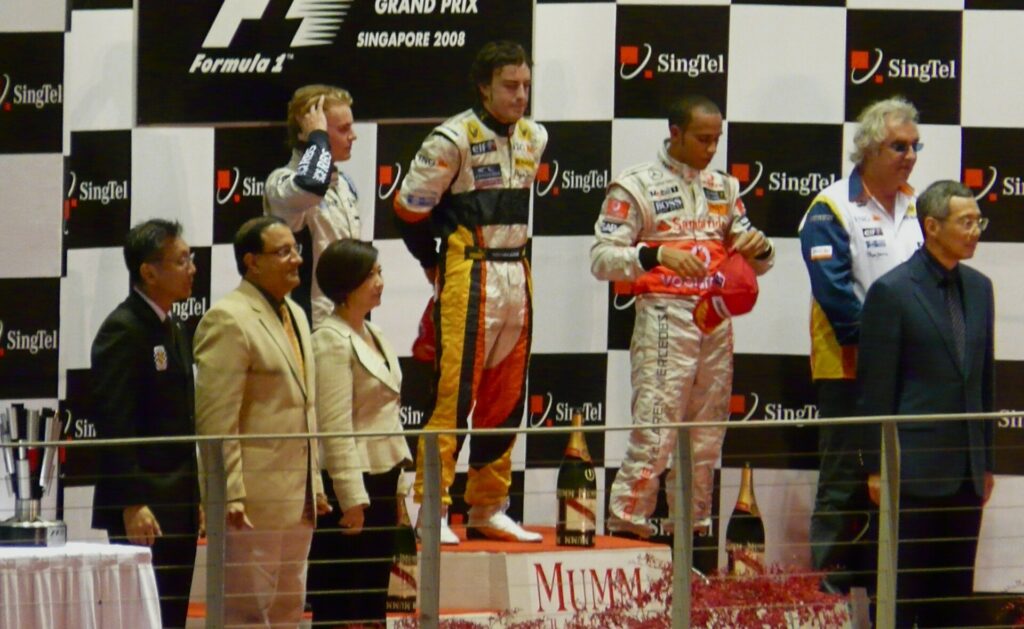 2008 Singapore Grand Prix podium with Fernando Alonso, Nico Rosberg and Lewis Hamilton