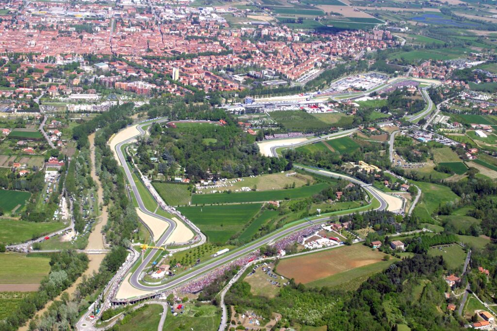 Aerial view of the Autodromo Enzo e Dino Ferrari circuit at Imola with the town behind it
