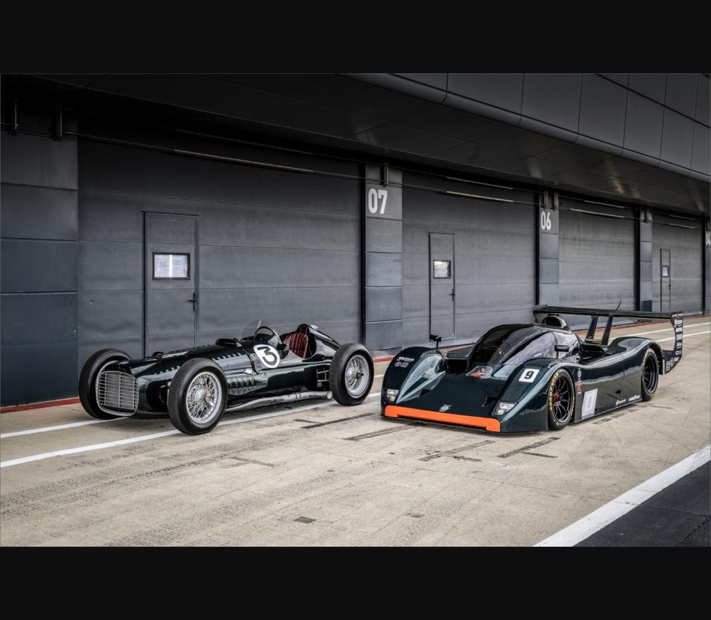 BRM P15 V16 Chassis IV, Britain's first Formula 1 car, parked beside the restored P351 outside the Silverstone garages