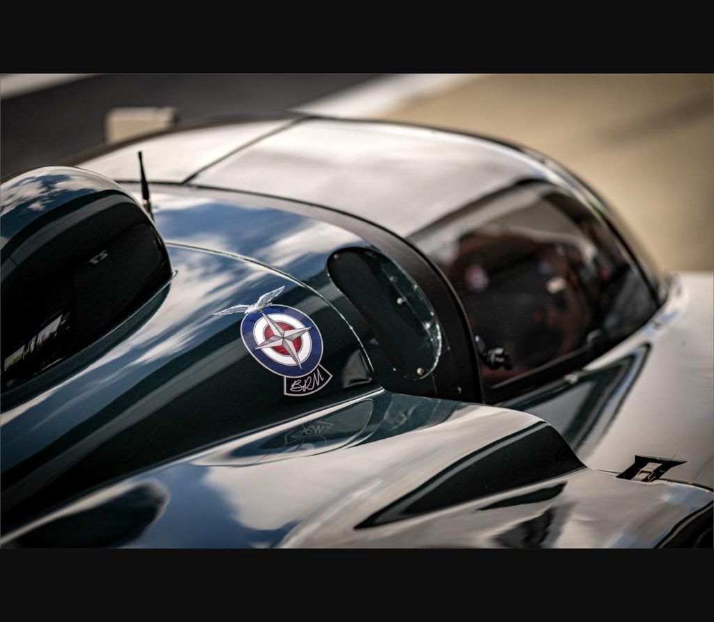 Close-up of the BRM roundel badge and reflection in the P351's reverse-engineered cockpit canopy