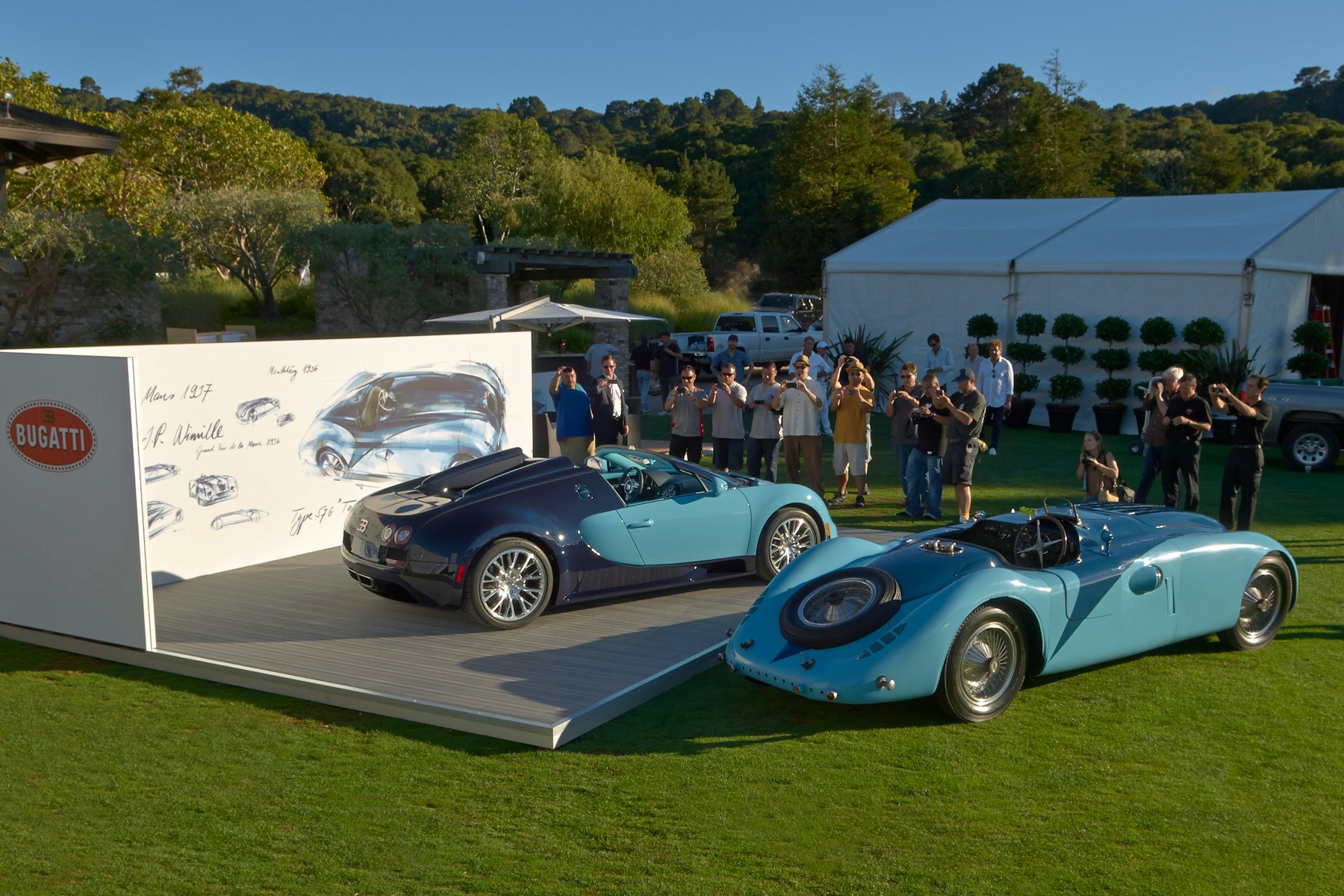 Bugatti Veyron Legend Jean-Pierre Wimille parked beside the Type 57G Tank at The Quail in 2013
