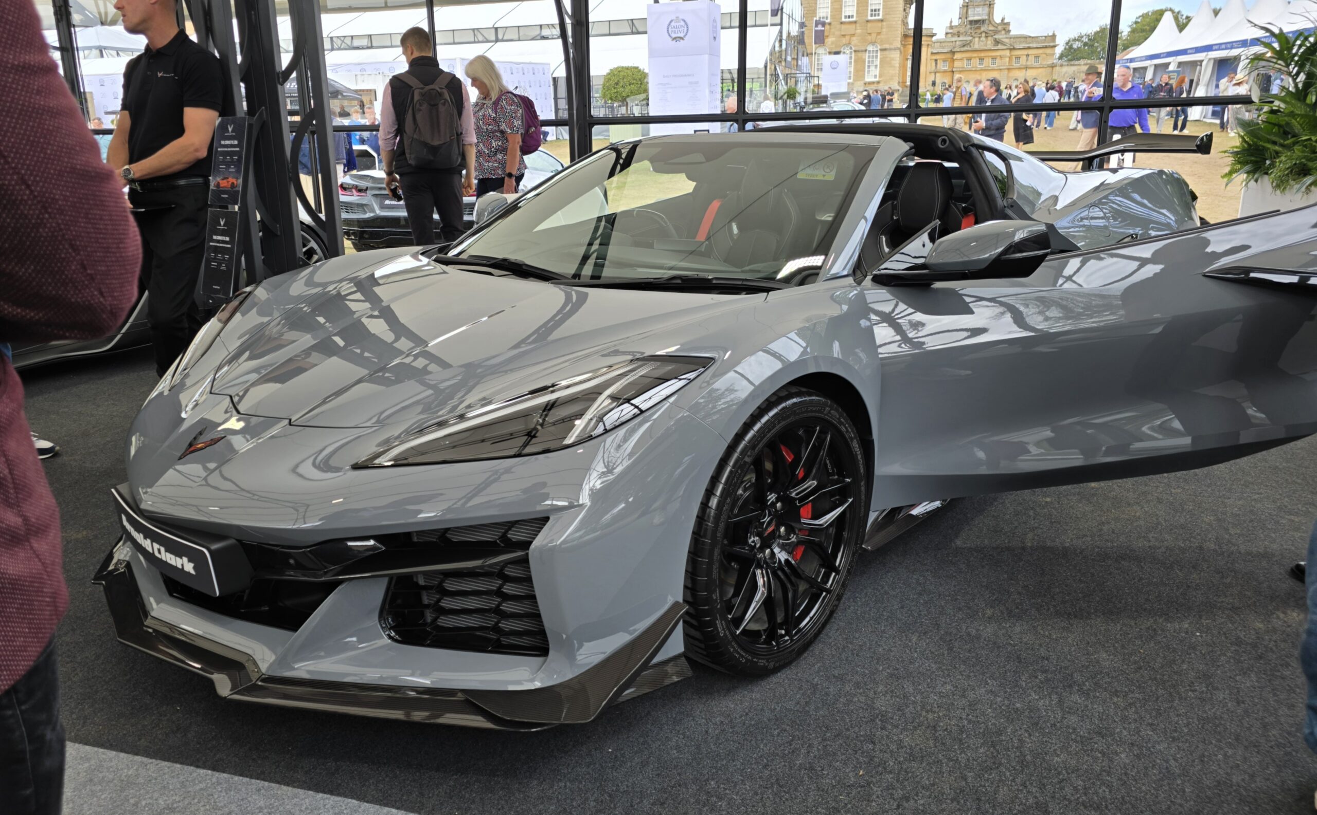 A gray C8-generation Chevrolet Corvette Z06 on display at a car show