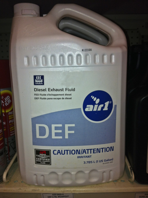 A jug of diesel exhaust fluid on a retail store shelf
