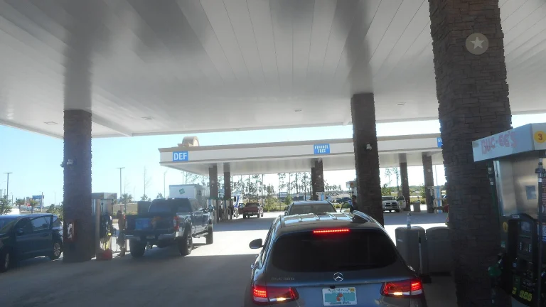 Diesel exhaust fluid pumps under a canopy at a Buc-ee's travel center